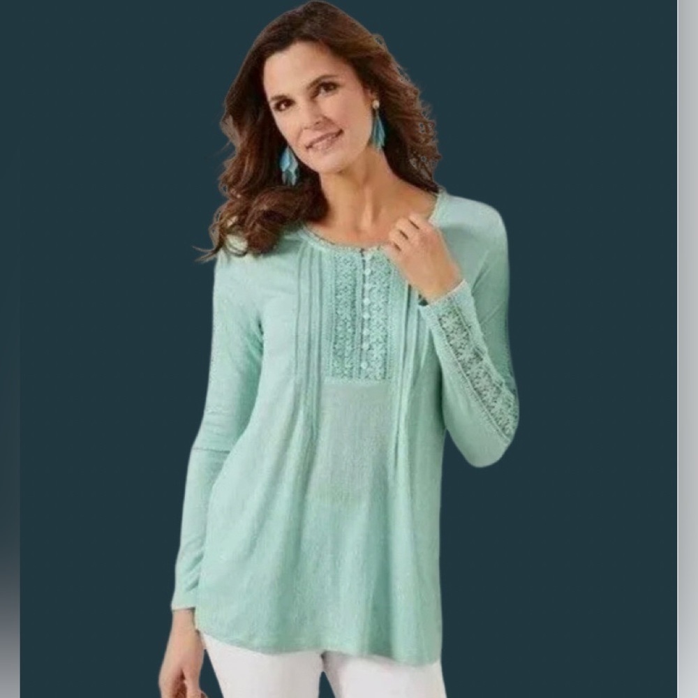 SOFT SURROUNDINGS Gabby long sleeve henley tee with embroidery in clear water